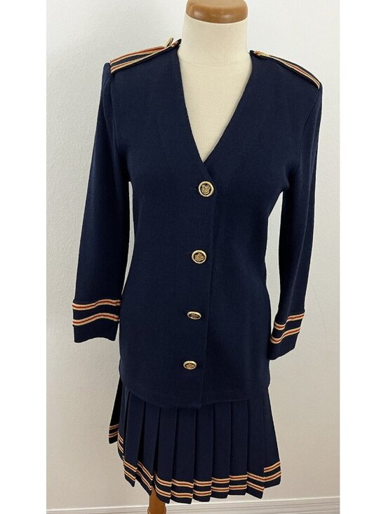 St. John Dresses & Skirts - St. John Santana Knit 2pc Pleated Skirt Suit Set Nautical Braid Trim Jacket 6